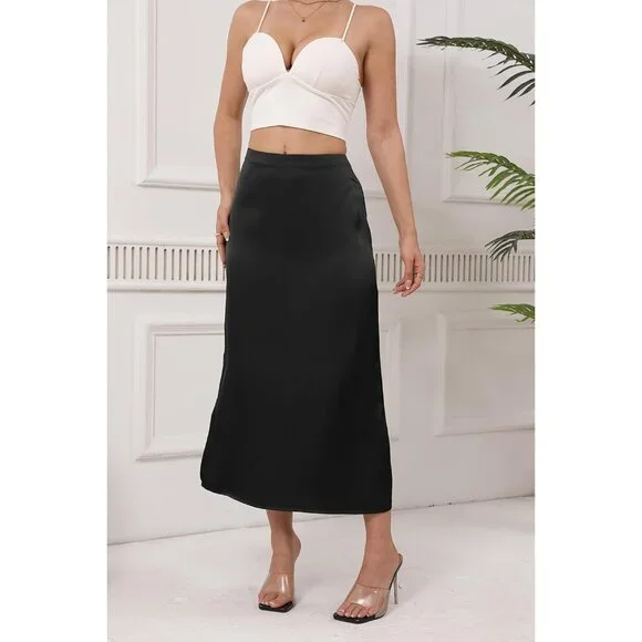 Women's Black Satin Elastic Silk Slip A Line Flowy Ruffle Cocktail Midi Skirt